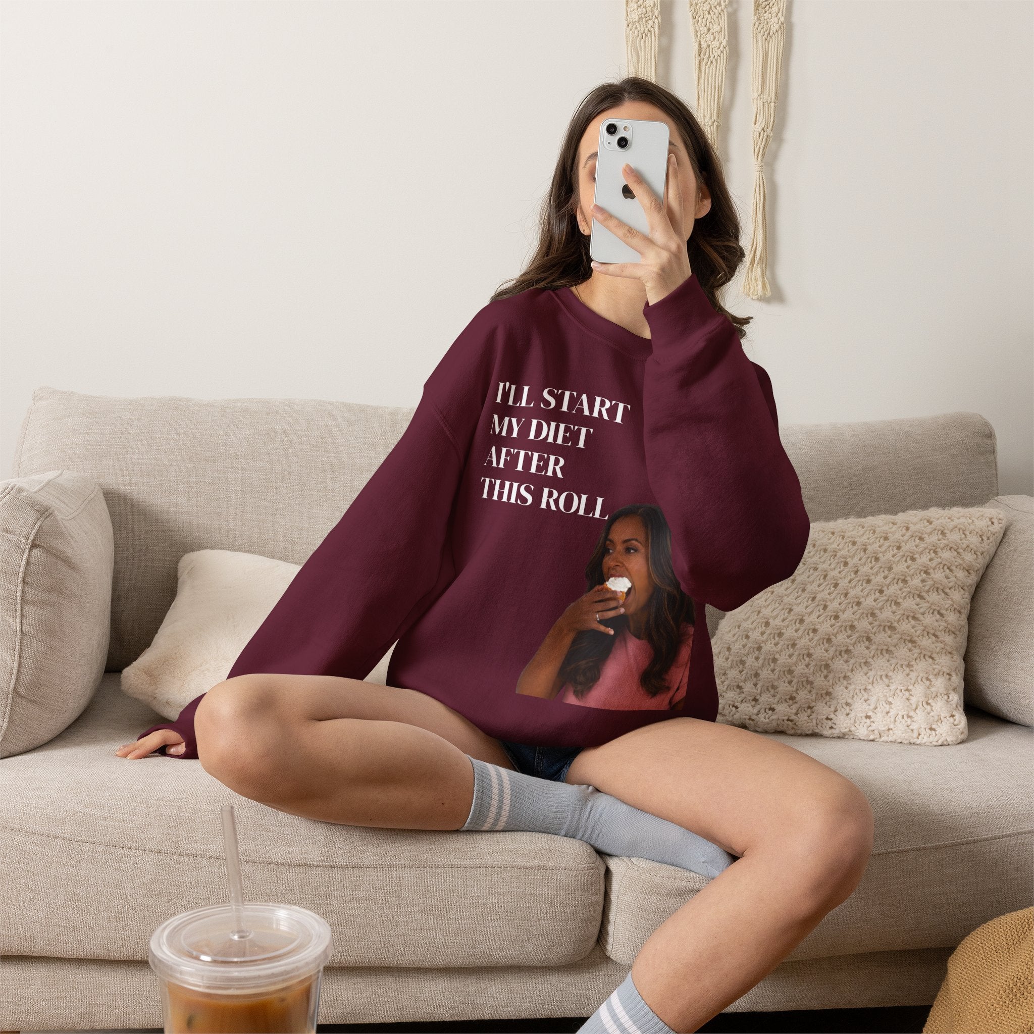 Crewneck Sweatshirt — "I'll Start My Diet After This Roll" Funny Food Lover Graphic